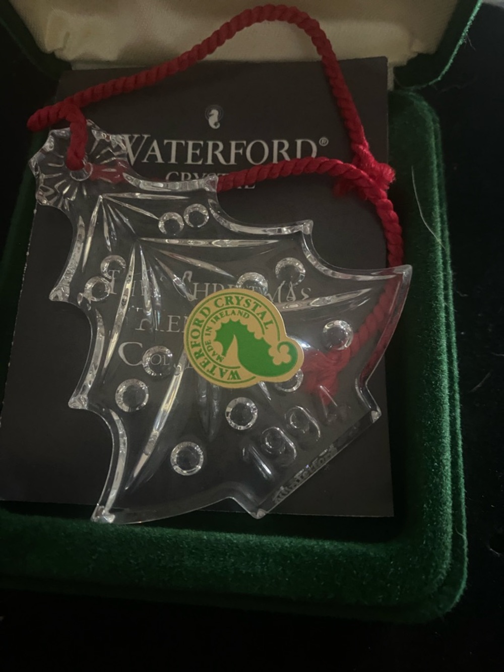 Waterford Clear Crystal Holly Leaf Ornament with Red Cord